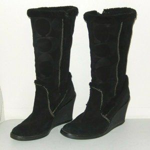 Coach Boots 6 Jordana Black Suede Signature Logo Shearling Trim Wedge Side Zip